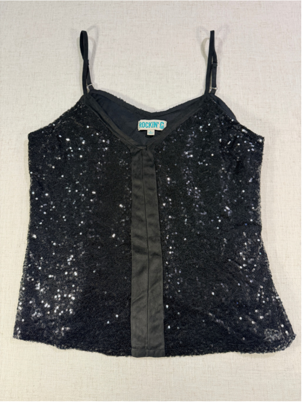Rockin C Sequin V-Neck Cami Tank Top Satin Trim Black Large